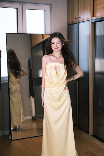 Unique A Line Strapless Yellow Satin Long Prom Dress Formal Gown Party Dress HZ1023